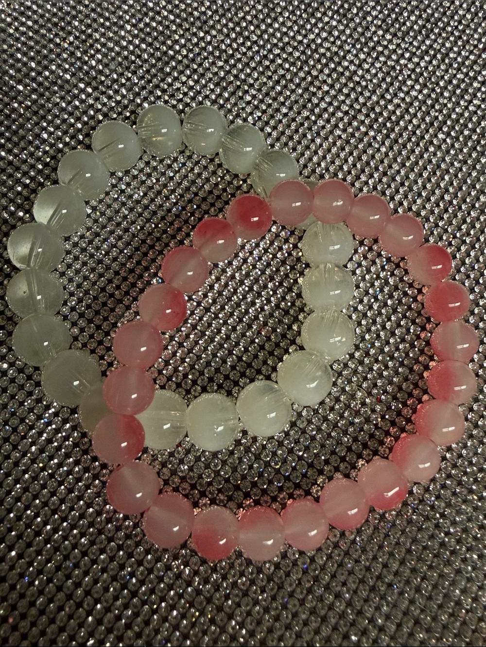 Pink and white frosted Beaded Stretch Bracelet Set